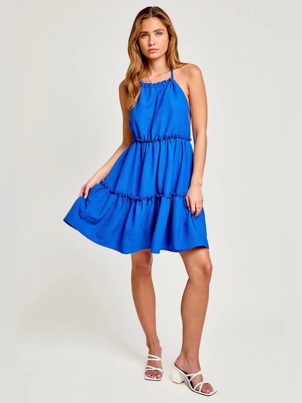 NWT Le Lis Royal Blue Halter Neck Tiered Mini Dress size L